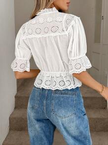 Easowa Flounced Collar With Bowknot, Ruffled Hem, Puff Sleeve Shirt, Hollow Embroidery Jacquard Fabric, Casual Vacation Elegant Blouse For Women, Spring/Summer