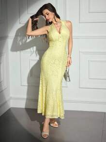 Modelyn Women's Solid Color Lace Panel Halter Backless Sleeveless Arabic Style Dress - Yellow - View 6