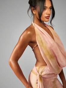 MISSGUIDED 雪纺围脖领露背长裙优雅夏季婚礼宾客垂坠拖地长礼服特殊场合正式晚装