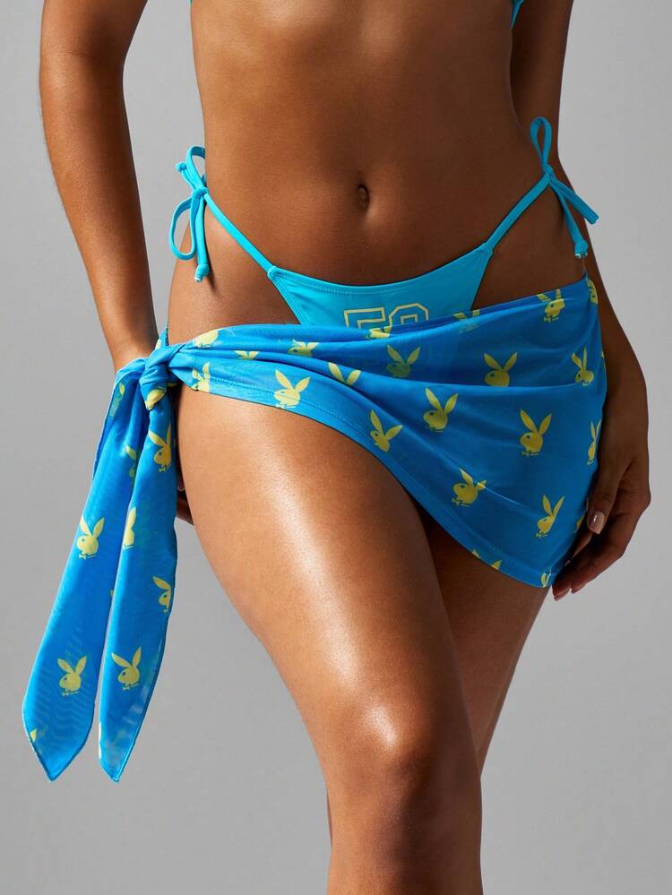 Missguided x Playboy Paréo de plage à motif de lapin, jupe enveloppante avec liens latéraux en maille, couvre-maillot pour la piscine ou la plage, mode estivale insulaire