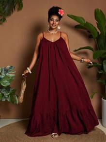 Maweii Plus Size Women Casual Vacation Daily Solid Color Versatile Summer Spaghetti Strap Off Shoulder Pleated Patchwork Loose Flowy Maxi Dress