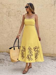 SHEIN Frenchy 女式植物图案休闲吊带连体裤 - 黃色 - 查看 5