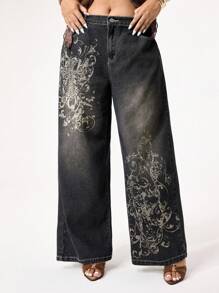 ROMWE Grunge Punk Jeans de talla grande desgastados y distressed de estilo callejero grunge con estampado vintage de enredaderas en cruz - Negro - Ver 5