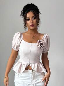 Elenzga Chemisier printemps/été en crêpe rose peu profond pour femme, col à volants, manches courtes, épaules dénudées, motif floral 3D, manches bouffantes, taille plissée, ourlet asymétrique à volants, chemise de vacances à la mode et élégante - Rose bonbon - Voir 1