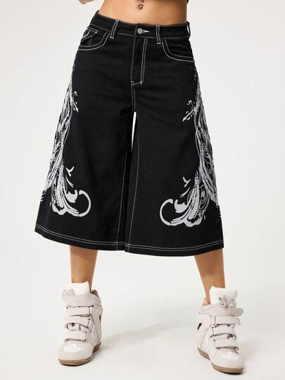 Grunge Punk Women's Retro Y2K Cyberpunk Graphic Print Super Low Waist & Loose Fit Denim Knee Length Shorts