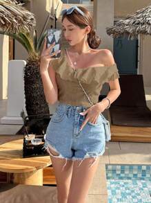 DAZY Solid Ruffle Trim Tee,Crop Tops Women