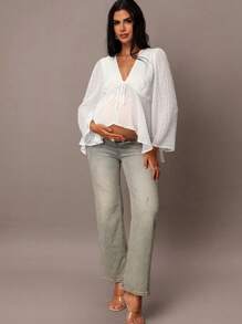 MaterniChic Fall Women Clothes V-Neck Bowknot Decor Maternity Blouse Going Out Tops Women - White - View 3