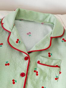 Conjunto de pijama para niñas preadolescentes, blusa de manga corta con volantes y estampado de cerezas, shorts elegantes y cómodos de moda