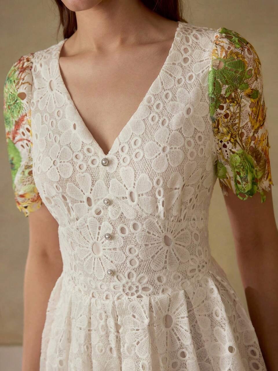 MOTF GUIPURE LACE PLANTS PRINT V-NECK PUFF SLEEVE FLARE HEM MIDI DRESS