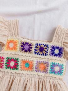 SHEIN Baby Girls Cute Pattern Hand-Hooked Flower Cap Sleeve Dress, Summer Outdoor Activities & Beach Resort - Apricot - View 6