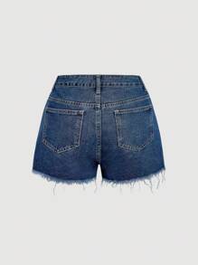 SHEIN MOD MOD 女式斜口袋修身牛仔短裤，星星图案，夏季 - 深色水洗藍 - 查看 2
