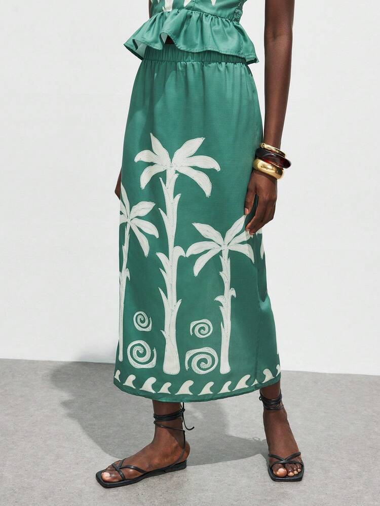 SHEIN Maija 2025 Autumn Green Women's Elastic Waist Floral Print Casual Vacation A-Line Skirt, Music Festival Bohemian Hawaiian Style Beach Dress