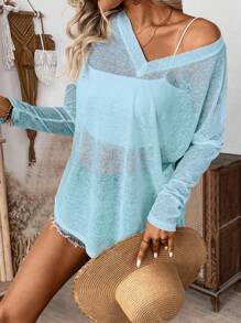 SHEIN LUNE Áo cánh dơi dài tay cổ chữ V rộng rãi cho nữ - Màu xanh lam - Xem 3