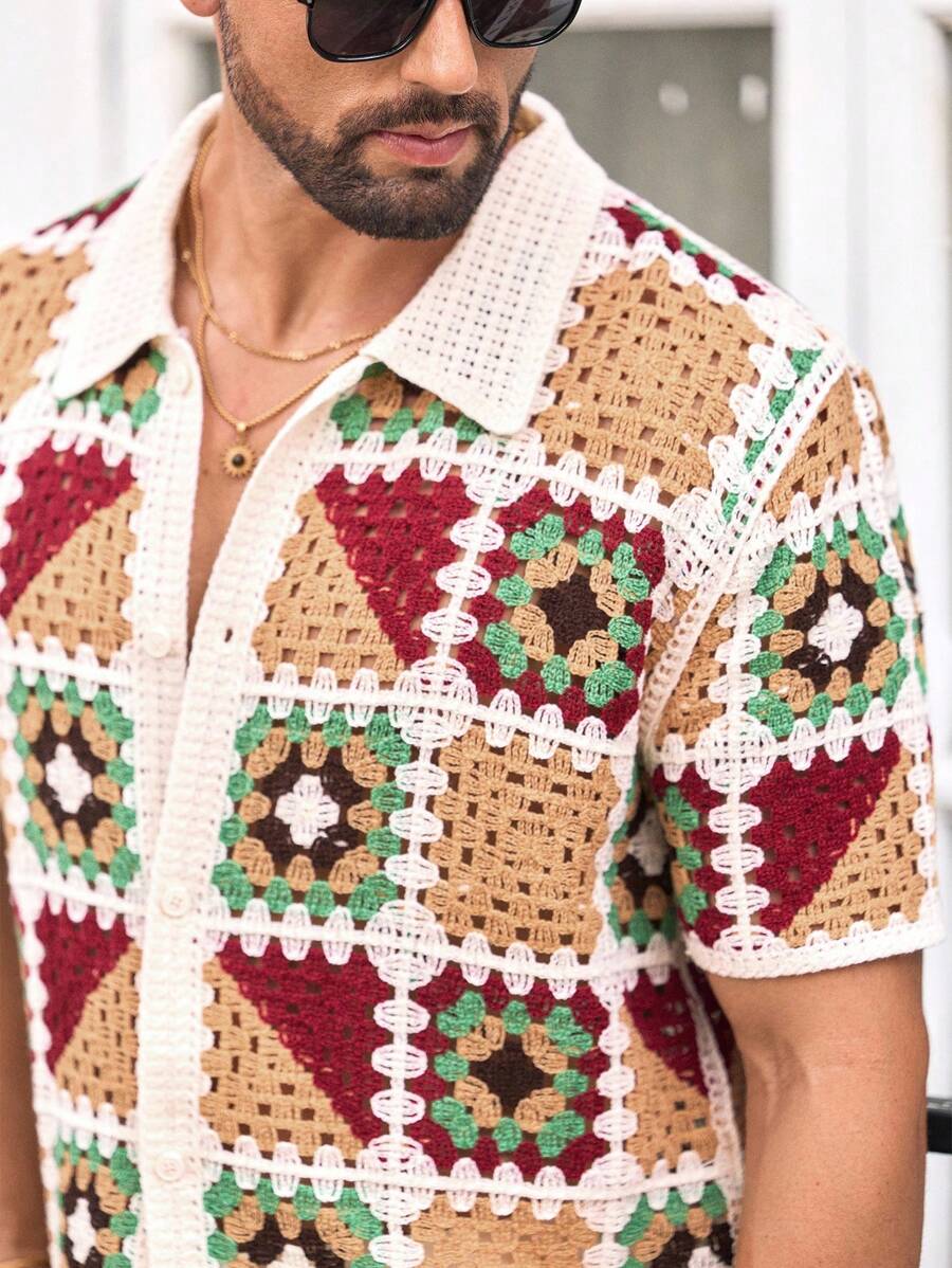 Manfinity VCAY 男士花卉图案镂空休闲翻领短袖开衫钩针男士衬衫波西米亚风男士衬衫男士钩针衬衫钩针纽扣衬衫奶奶方格衬衫 - 彩色 - 查看 1