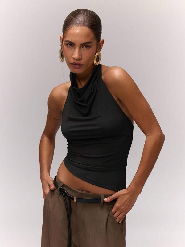 MUSERA Top asimétrico con cuello de halter drapeado, romántico para vacaciones, festivales, salidas nocturnas, clubes, elegante para invierno y otoño