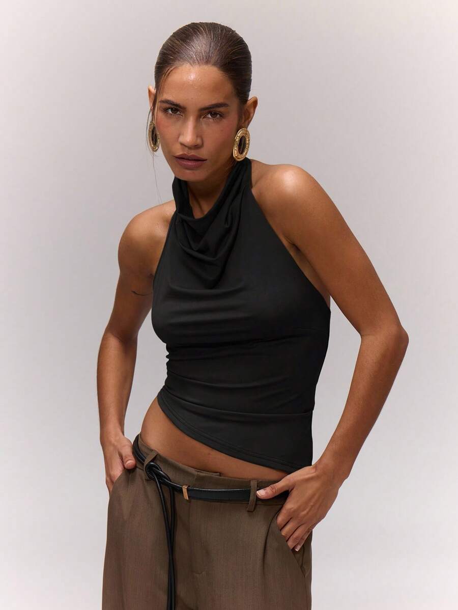 MUSERA Draped Asymmetric Halterneck Top Romantic Vacation Holiday Ibiza Festival Holiday Night Out Going Out Tops Club Winter  Fall Elegant Spring Summer - Black - View 1