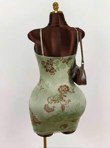 Amplova Đầm ôm sát cơ thể lưới in họa tiết hoa cổ điển chắp vá ren - màu xanh lá - Xem 4