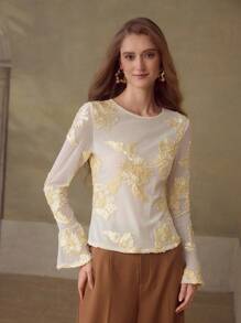 MOTF PREMIUM WOMEN EMBROIDERED ELASTIC MESH SLIM FIT FLARED SLEEVE T-SHIRT - Apricot - View 4