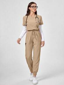 TaskEZ 2pcs Scrub Uniform Set, Loose Fit Short Sleeve Top And Drawstring Pants