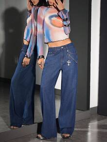 Jeanoix 女式口袋阔腿宽松休闲百搭牛仔裤