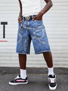 ROMWE MEN Goth Pantalones cortos vaqueros de verano casuales y sueltos para hombres con diseño bordado, sin cinturón incluido