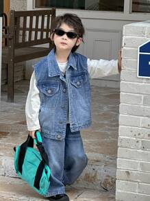Dazy Kids Kids Autumn Outfit - 3pcs Set: Loose Denim Jacket, Denim Vest And Straight Leg Denim Pants For Toddler Boys - Medium Wash - View 1