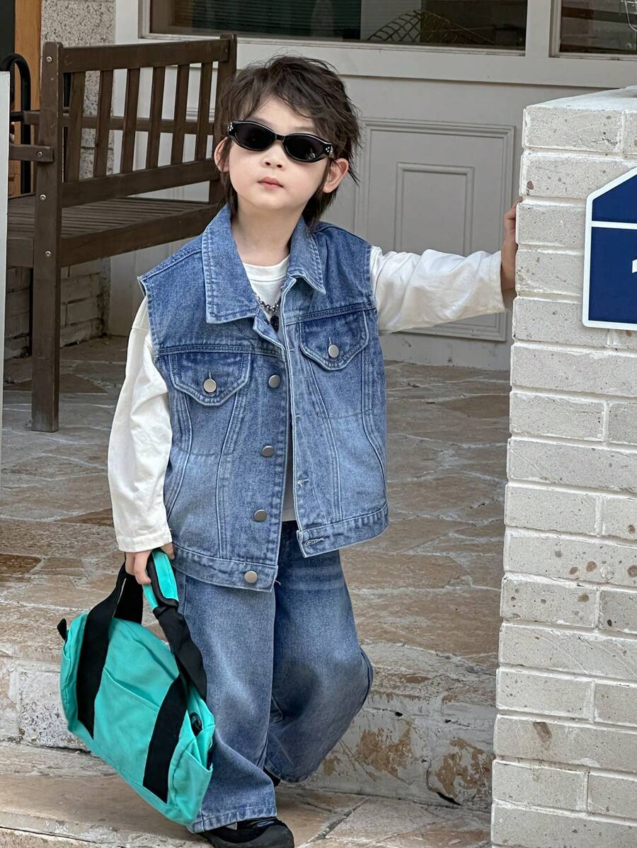 Dazy Kids Kids Autumn Outfit - 3pcs Set: Loose Denim Jacket, Denim Vest And Straight Leg Denim Pants For Toddler Boys - Medium Wash - View 1