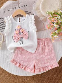 SHEIN Genkimix Kids Conjunto de niña pequeña (talla pequeña) de top de camisol con volantes y estampado jacquard blanco y shorts con volantes rosados, conjunto de verano adorable para niña joven