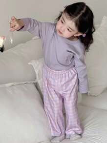 Dazy Kids Baby Girl Casual Knit Round Neck Short Sleeve Top And Plaid Loose Pants, Pajama Set Toddler - Purple - View 3