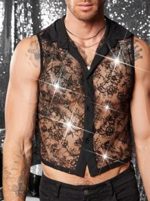 FeverCity 半透明时尚性感蕾丝无袖男士衬衫 - 黑色 - 查看 1