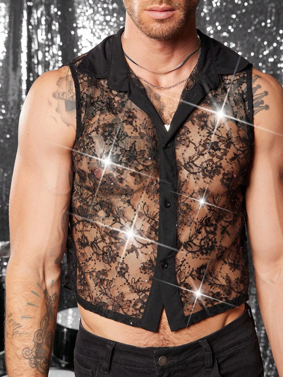 FeverCity 半透明时尚性感蕾丝无袖男士衬衫 - 黑色 - 查看 1