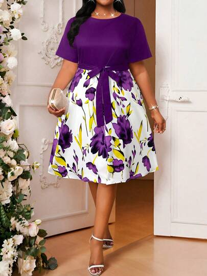 SHEIN Lady 春夏优雅通勤办公室休闲波西米亚风彩色编织针织圆领喇叭腰带中长短袖大码连衣裙女式夏季服装女式夏季连衣裙女式办公室服装度假连衣裙女装夏季