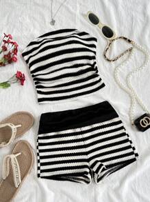 SHEIN Set di canotta e pantaloncini a righe, casual e minimalista, comodo, per ragazze pre-adolescenti