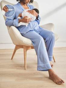 Moonlight&Mama 波点印花孕妇休闲长袖上衣和裤子睡衣套装，秋冬服装 - 藍色 - 查看 1