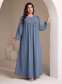 Veilorie Plus Size Women Elegant Solid Color Maxi Arabic Style Dress Fall - Blue - View 3