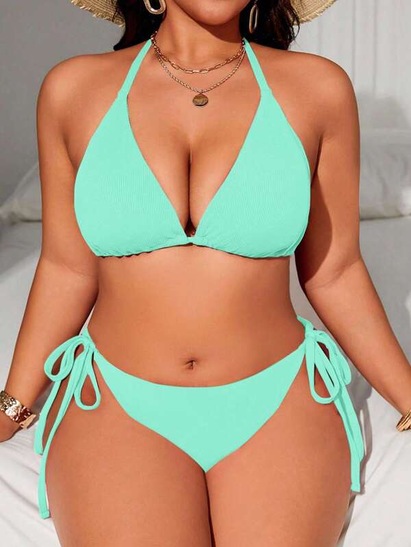 Swim Lushoire Plus Size Women Solid Color Halter Tie Sexy Bikini 2-Piece Swimsuit