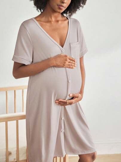 BloomMama Maternity Short Sleeve Nursing Nightgown With Button,Fashion Loungewear Sleepwear Pajama Dress Sleep Shirt