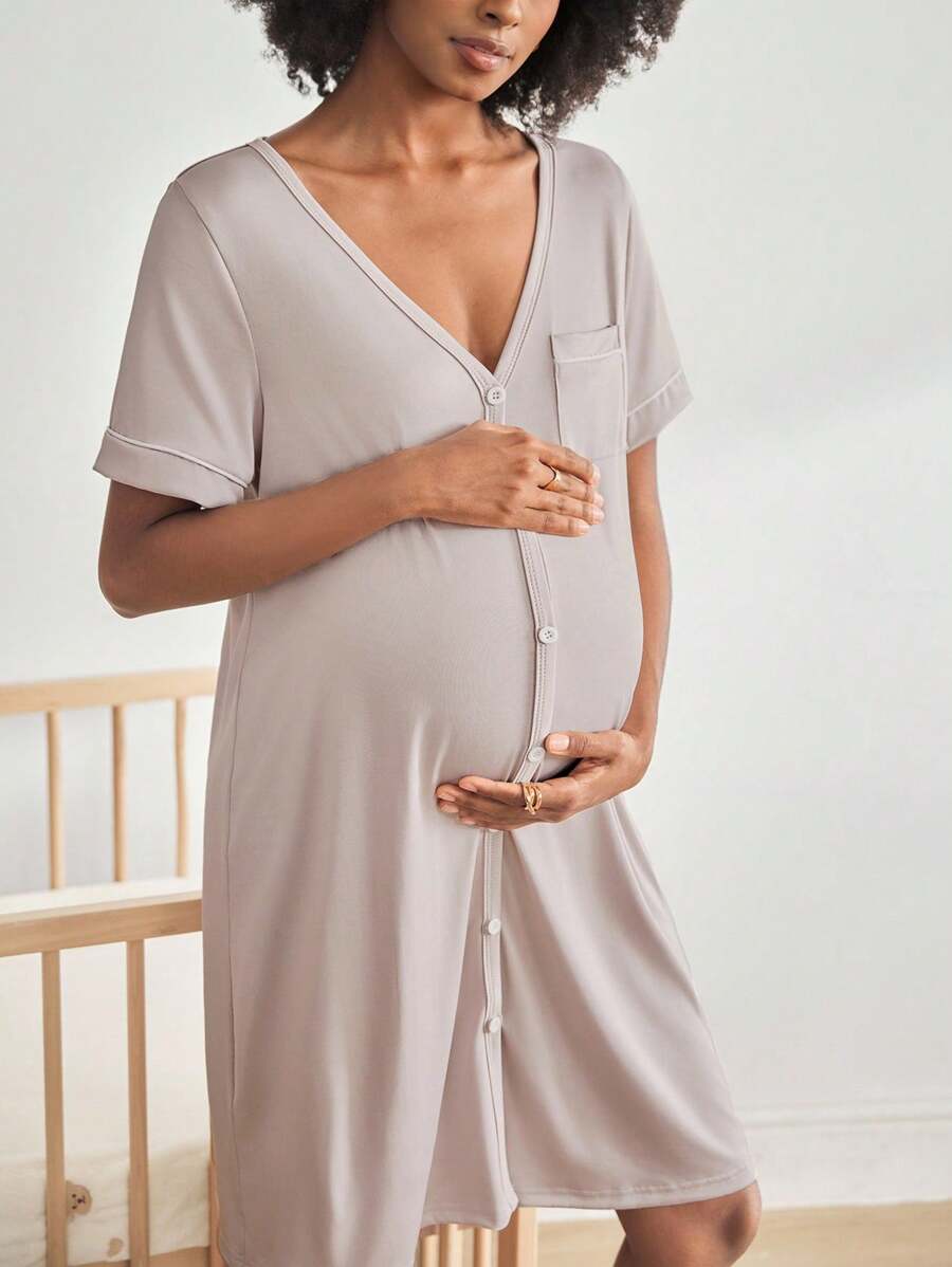 BloomMama Maternity Short Sleeve Nursing Nightgown With Button,Fashion Loungewear Sleepwear Pajama Dress Sleep Shirt - Khaki - View 1