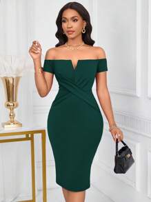 Lunelith SHEIN Lunessa Đầm ôm body cổ chữ V trễ vai cho nữ - màu xanh lá - Xem 6