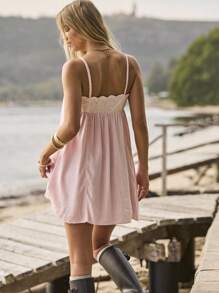 Aralina Summer / Fall Beach Vacation Broderie Trim Baby Doll Pink Mini Dress - Pink - View 3