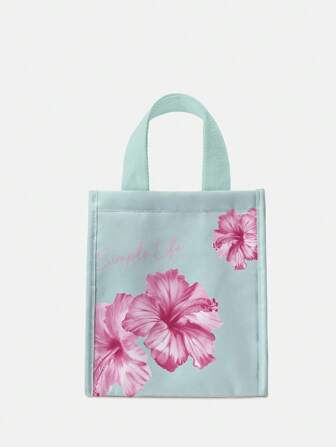 Fairycore Pink Floral Pattern Fashionable Insulated Mint Green Lunch Bag, Functional Bags, Lunch Bag, Cooler Bag