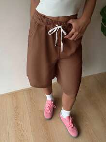 SHEIN EZwear Brown Casual Drawstring Waist Plus Size Women Shorts,Back To School - Brown - View 5