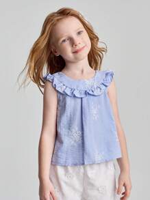 Ontre Young Girl Ruffled Floral Embroidery Round Neck Tank Top - Blue - View 3