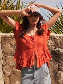 Bohemela 休闲纯色梭织宽松女式衬衫 - 橘色 - 查看 2