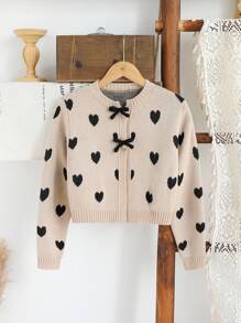 青少年女孩心形图案手工蝴蝶结装饰针织毛衣，长袖 - 卡其色 - 查看 3