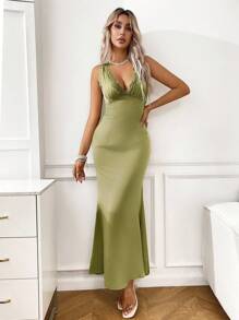 Chiquease Women's Elegant Satin Lace Patchwork Romantic Mid-Length Dress Summer Dress Clothes For University - Green - View 6