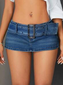 Jeanoix 女士性感低腰迷你牛仔短裤，夏季 - 中等水洗藍 - 查看 5