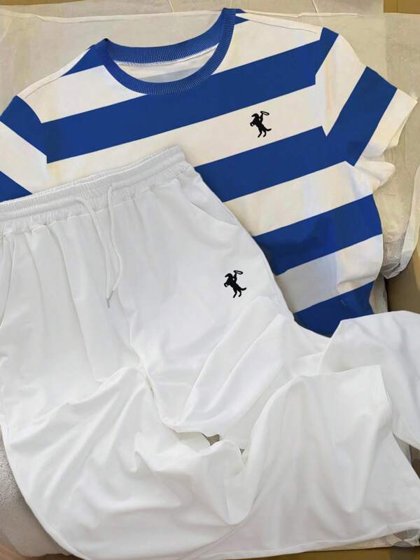 INAWLY تي شيرت نسائي صيفي مخطط برقبة دائرية وأكمام قصيرة وبنطلون برباط خصر بدلة كاجوال