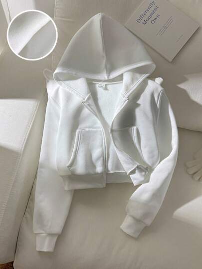 SHEIN Tween Girl Loose Casual Minimalist Comfortable Daily Streetwear Loose Fit Zippered Pocket Short Zip-Up Hooded Long Sleeve Sweatshirt, White Back To School,In Fall/Winter