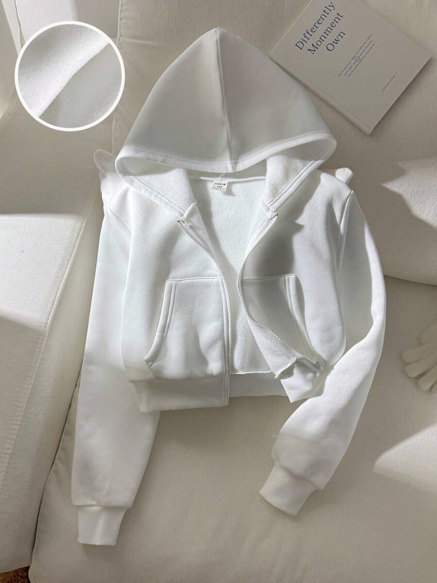 Sudadera con capucha de manga larga, de ajuste holgado, con bolsillo con cremallera, estilo minimalista y cómodo para uso diario y casual para niña preadolescente, color blanco para volver al colegio - Blanco - Ver 1